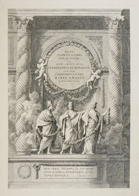 une ancienne gravure représentant une statue d'un homme et de deux femmes sur une estrade