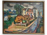 tableau encadré représentant une route de campagne avec une maison et une clôture