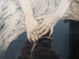 a drawing of a woman holding her hands in front of a window