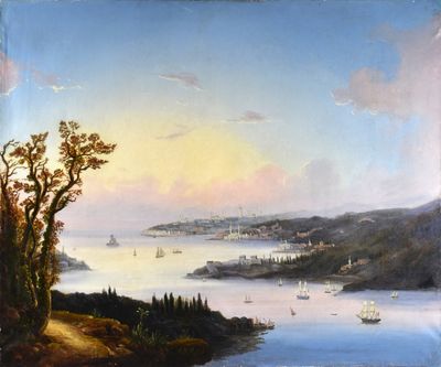tableau représentant une vue d'une baie avec des bateaux à l'eau