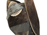 a brown hat with a feather on it on a white background