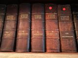 many old books lined up on a shelf in a library