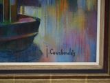 a painting of a boat that is sitting in a room