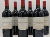 six bouteilles de vin rouge sont alignées sur une surface blanche