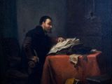 an old painting of a man sitting at a table reading a book