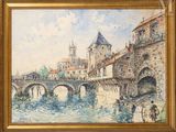 an image of a painting of a bridge over a river with a castle in the background