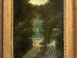 an oil painting of a waterfall in a wooded area with trees