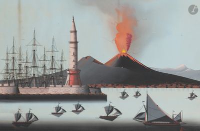 un tableau représentant un volcan avec de nombreux bateaux dans l'eau