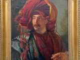 an oil painting of a man with a red turban on his head