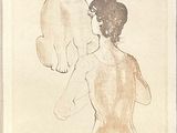 drawing of a woman holding a cat in front of a drawing of a cat