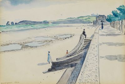 a watercolor painting of a boat on the beach
