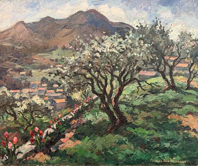 an oil painting of a landscape with trees and mountains in the background