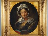 a painting of a woman wearing a bonnet and holding a book