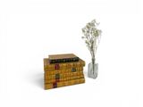 books stacked on top of each other next to a vase with flowers in it