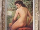une peinture à l'huile représentant une femme nue assise sur une couverture rouge