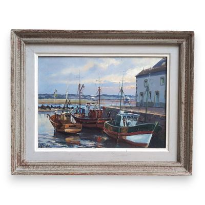 a picture of a painting of boats in the water