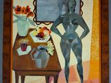 a painting of a woman standing in front of a table with flowers