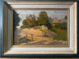 une peinture à l'huile représentant un chemin de terre avec une maison en arrière-plan