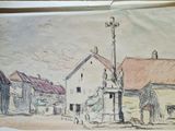dessin représentant une scène de rue avec des bâtiments et un lampadaire au loin