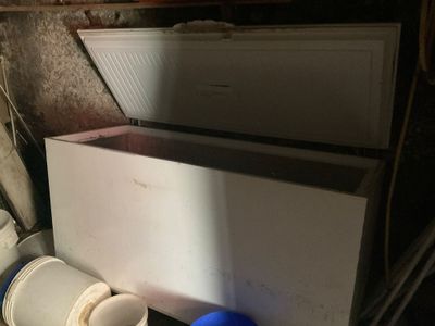 une image représentant un réfrigérateur blanc et une bouteille bleue et blanche