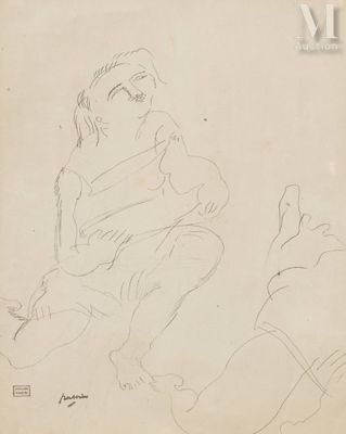 dessin représentant un homme assis par terre, la main sur le menton
