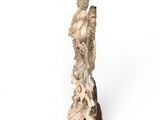 statue of a man holding a bird on a wooden base on a white background