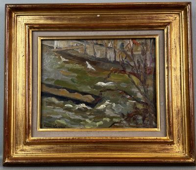 an oil painting of birds flying over a river in a golden frame
