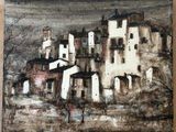 an oil painting of a village with a clock tower in the middle of it
