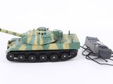 a toy tank and a remote control on a white surface