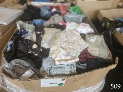 a cardboard box filled with clothes and other items