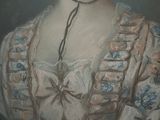 painting of a woman in a white dress with blue flowers on it
