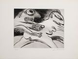 pencil drawing of a woman and a cat laying on a bed