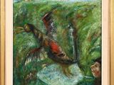 une image représentant un tableau d'un oiseau volant au-dessus d'un champ