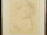 a drawing of a woman ' s face is shown in a gold frame