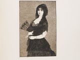 drawing of a woman in a black dress holding a bunch of flowers