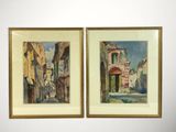 pair of watercolor paintings of a street in a small town