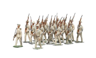 the toy soldiers are dressed in white uniforms and holding rifles