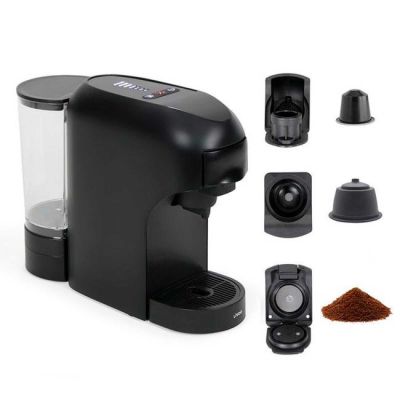 une image représentant une cafetière noire avec une tasse de café à côté
