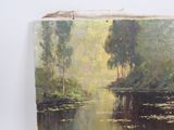 an oil painting of a river with trees and water lillies