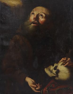 un tableau représentant un homme tenant un crâne dans la main
