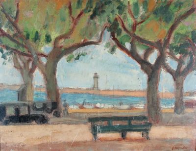 une peinture représentant un parc avec un banc et un phare en arrière-plan
