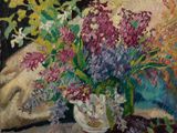 une peinture de fleurs dans un vase sur une table