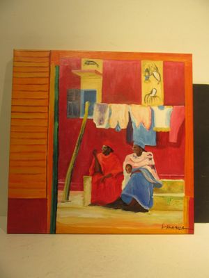 un tableau représentant une femme assise par terre devant un mur rouge