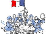 dessin humoristique représentant un groupe de personnes avec un drapeau sur une charrette