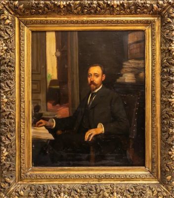 painting of a man in a suit sitting at a desk with a book