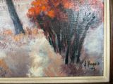 an oil painting of a tree in a field with a sky background