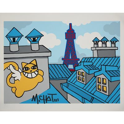 tableau représentant un chat sur un toit, avec la Tour Eiffel en arrière-plan
