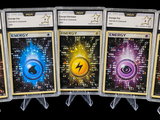 five cards with different colors and designs on them on a black background