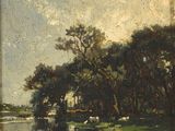 an image of a painting of a river with trees in the background