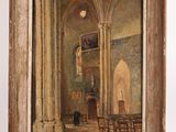 an oil painting of a church with a man sitting in the pews